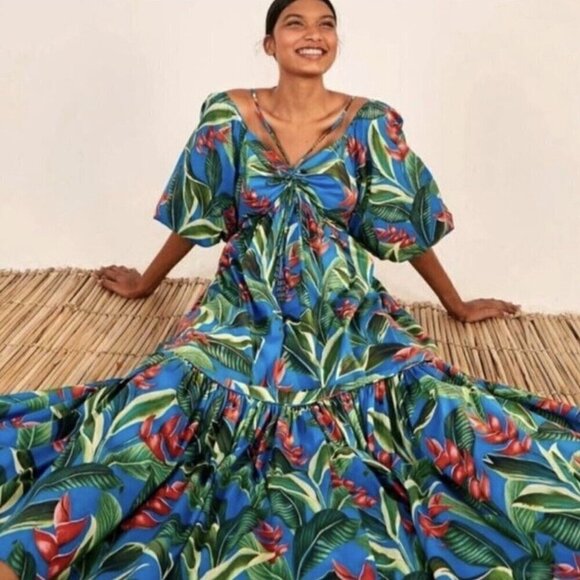 Farm Rio Dream Garden Floral Midi Dress S Puff Sleeve Colorful Tropical Poplin - Picture 2 of 16